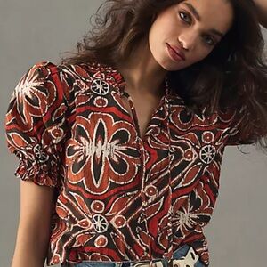 Black and Orange Graphic Notched Collar Blouse